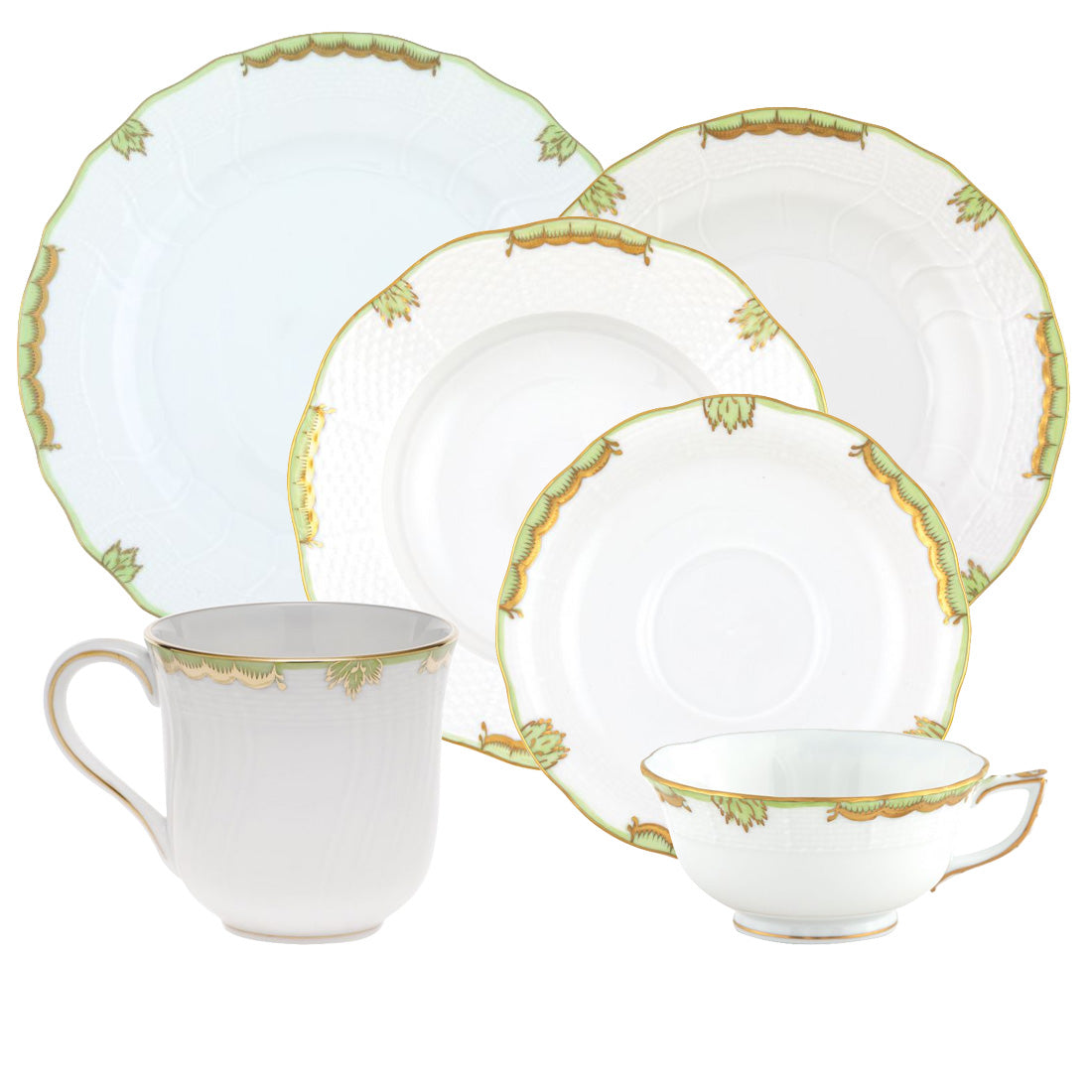 The Herend Princess Victoria Green Collection features fine porcelain china, including two plates, a saucer, a teacup, and a mug with hand-painted green and gold designs on white.