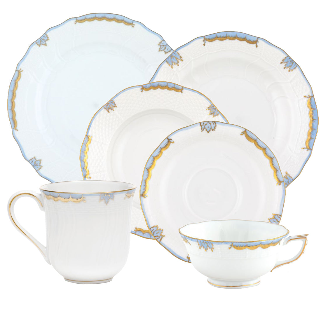 The Princess Victoria Light Blue Collection by Herend includes three plates, a mug, and a teacup in white with blue and gold trim, hand painted for timeless elegance inspired by classic Herend porcelain.