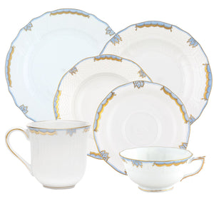 The Herend Princess Victoria Light Blue Collection is a 5-piece set of white dinnerware with blue and gold trim, featuring a cup, saucer, small and large plates, and a bowl. Crafted from fine Herend porcelain, these pieces showcase hand-painted designs that invite artistic appreciation.