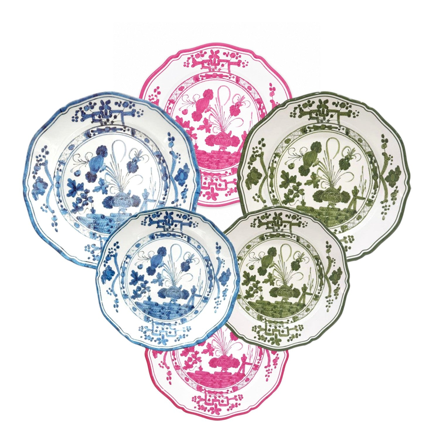 Five plates from the Vida Faenza Melamine Dinnerware and Placemat Collection by Beatriz Ball, featuring floral and scenic patterns in blue, green, and pink, are arranged fan-style on a white background.