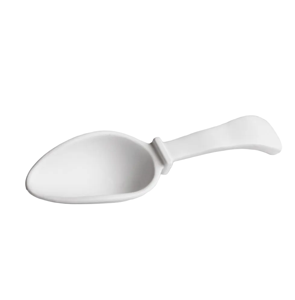 The Beatriz Ball Vida Nube Ice Scoop is a white melamine utensil with a wide, shallow bowl and short curved handle. Dishwasher safe, it's perfect for serving ice with style.