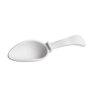 The Beatriz Ball Vida Nube Ice Scoop is a white melamine utensil with a wide, shallow bowl and short curved handle. Dishwasher safe, it's perfect for serving ice with style.