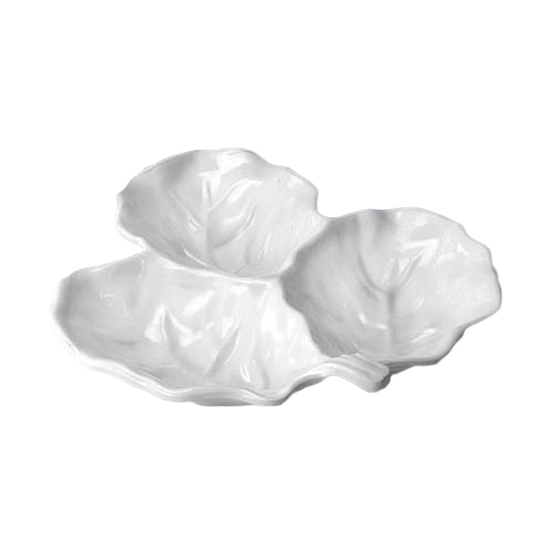 The Beatriz Ball Vida Lettuce Serveware Collection features a white ceramic serving dish with three leaf-shaped compartments, shown from above on a plain white background.