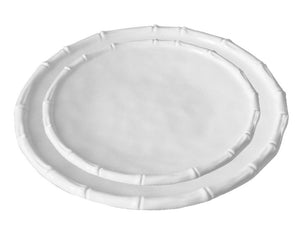 Two round white plates from the Beatriz Ball Vida White Bamboo Dinnerware Collection, made of break-resistant luxury melamine with bamboo-inspired textured rims, stacked with the smaller plate centered atop the larger.