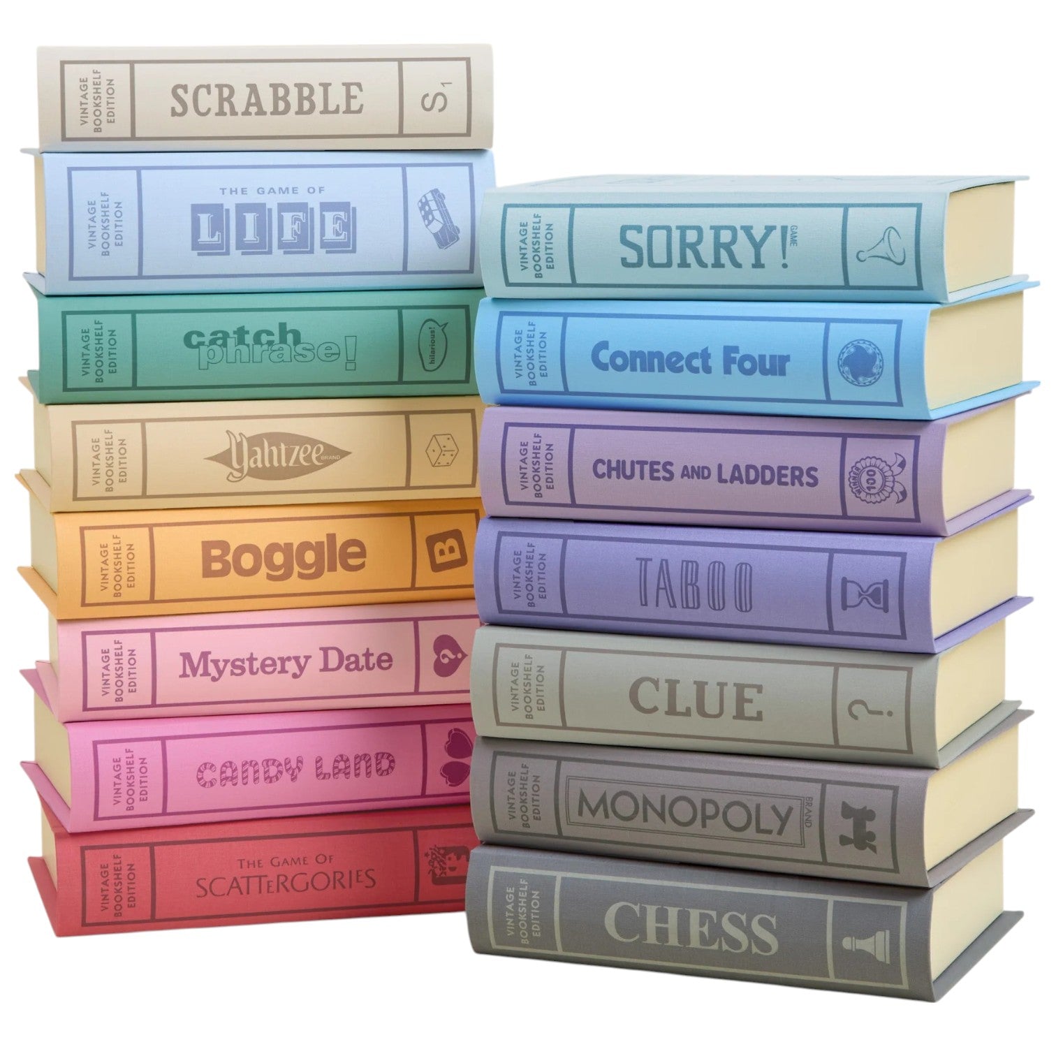 The Vintage Bookshelf Board Games by WS Game Company feature fabric-wrapped boxes styled to look like classic titles such as Scrabble, Life, Sorry!, Clue, Monopoly, and Chess.