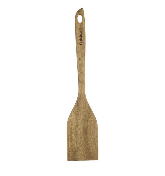 The Cuisinart Acacia Solid Turner is designed with a wide, flat blade and long handle, ideal for nonstick cookware. It boasts a natural oil finish and includes a convenient hole at the end for easy hanging.