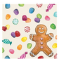 A Gingerbread Partyware Collection pattern featuring gingerbread men surrounded by colorful gumdrops and peppermint candies, ideal for festive table decor.