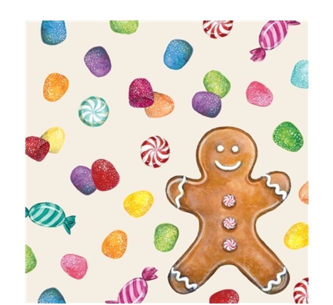 A Gingerbread Partyware Collection pattern featuring gingerbread men surrounded by colorful gumdrops and peppermint candies, ideal for festive table decor.