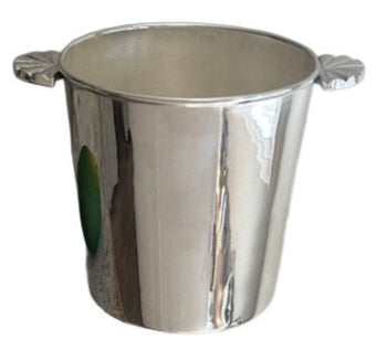 The Hôtel Silver Vintage Ice Bucket with Shell Handles, shown on a white background, is a timeless bar accessory.