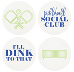 Haute Papier's Letterpressed Pickleball Coasters feature four round designs—crossed paddles, "Pickleball Social Club," "I'll Dink to That," and a net. Perfect as a unique hostess gift or packaged in a stylish gift box.
