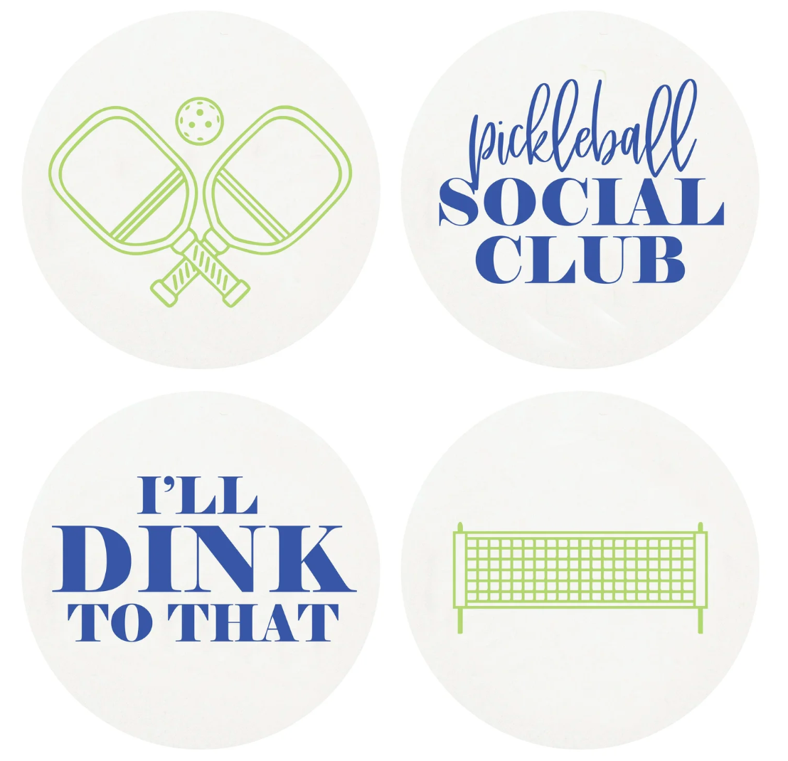 Haute Papier's Letterpressed Pickleball Coasters feature four round designs—crossed paddles, "Pickleball Social Club," "I'll Dink to That," and a net. Perfect as a unique hostess gift or packaged in a stylish gift box.