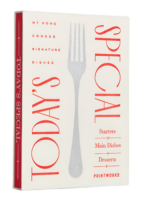 The PrintWorks Today's Special Recipe Book features a large silver fork illustration on the cover with red text listing starters, main dishes, and signature recipes.