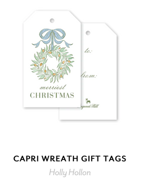 Capri Wreath Gift Tags include one with a watercolor wreath, blue bow, and “merriest CHRISTMAS” text, and one with “to:” and “from:” lines featuring a small dog icon.