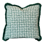 The Boheme Green Outdoor Pillow by Associated Design features a green and white geometric circular pattern with dark green textured trim, offering custom-made elegance and luxury crafted from the finest materials for any space.