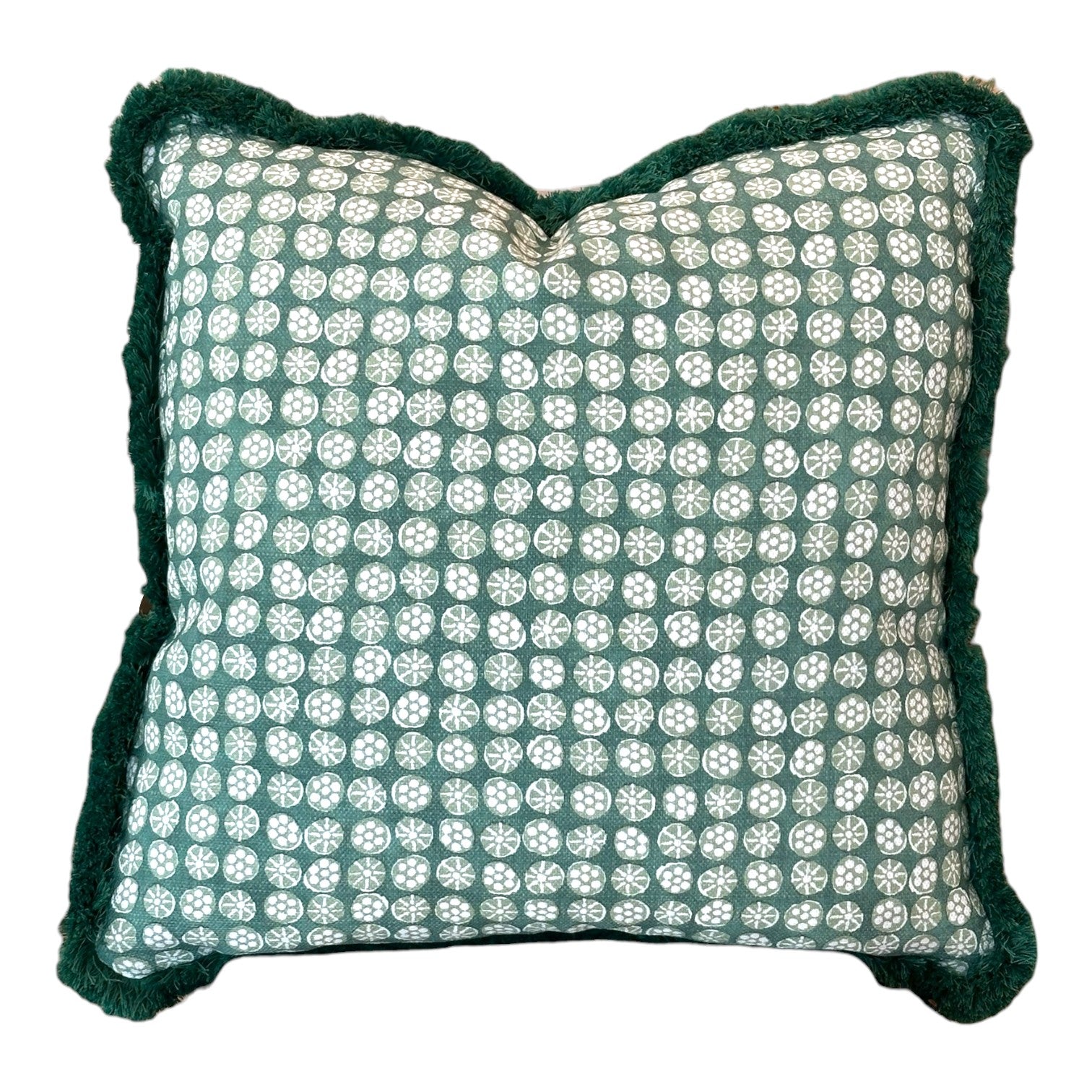 The Boheme Green Outdoor Pillow by Associated Design features a green and white geometric circular pattern with dark green textured trim, offering custom-made elegance and luxury crafted from the finest materials for any space.