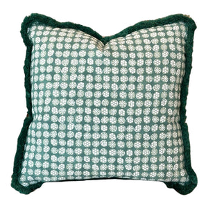 The Boheme Green Outdoor Pillow by Associated Design features a green and white geometric circular pattern with dark green textured trim, offering custom-made elegance and luxury crafted from the finest materials for any space.