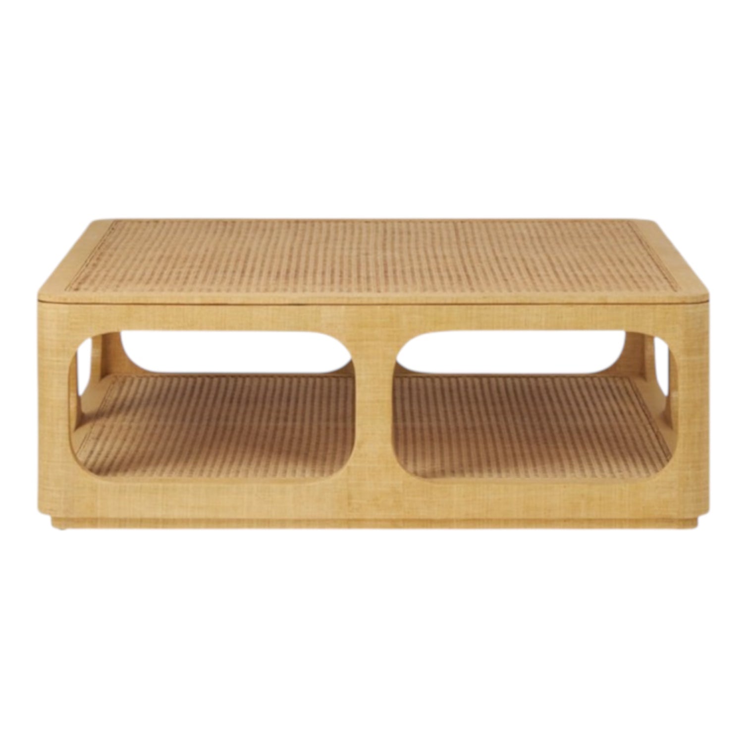The Fiorenza Coffee Table by Made Goods features a natural wood finish, raffia and cane woven top, open sides, and a lower shelf for storage.