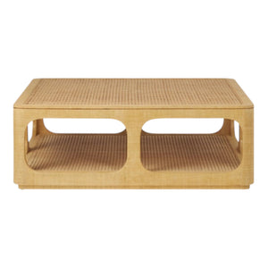 The Fiorenza Coffee Table by Made Goods features a natural wood finish, raffia and cane woven top, open sides, and a lower shelf for storage.
