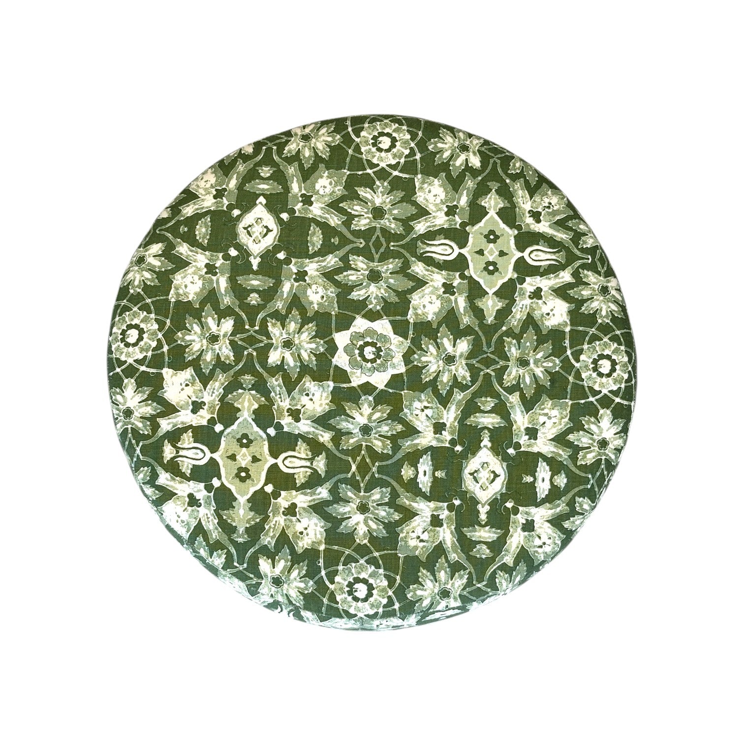 The Auburn Small Stool by Hickory Chair features a round cushion with a green and white floral geometric pattern, offering a modern silhouette—ideal as versatile seating or paired with other pieces for added style in any room.
