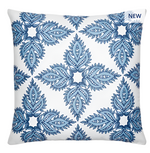 The John Robshaw Maira Indigo Outdoor Pillow features a white background with a symmetrical blue leaf pattern and a "NEW" label in the top right. Perfect for adding a fresh, relaxing vibe to your patio or beach setup.