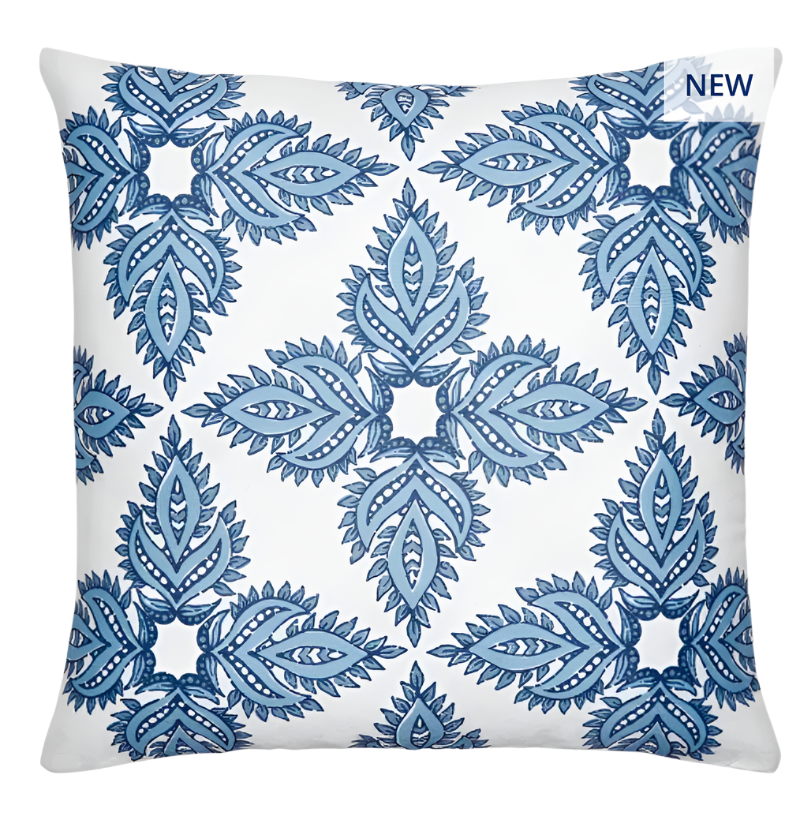 The John Robshaw Maira Indigo Outdoor Pillow features a white background with a symmetrical blue leaf pattern and a "NEW" label in the top right. Perfect for adding a fresh, relaxing vibe to your patio or beach setup.
