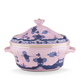 Experience refined dining with the Oriente Italiano Azalea Serveware & Decor Collection by Ginori 1735. This lidded porcelain tureen features two handles and is adorned with blue floral and landscape motifs on a delicate pink background, inspired by the graceful aesthetics of the Oriente Italiano line, and elegantly finished with gold trim accents. Ideal for pairing with matching dinner plates from the same collection.