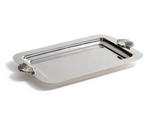 The Zodax Cap Ferrat Fan Shell Serving Tray features a rectangular silver design with raised edges and two shell-shaped handles, adding elegant French Riviera style to your gatherings.