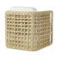 The Damien Lounge Chair by PALECEK features a grid-patterned rattan and abaca rope frame, white cushioned seat, and sturdy hardwood construction—shown here from an angled view.