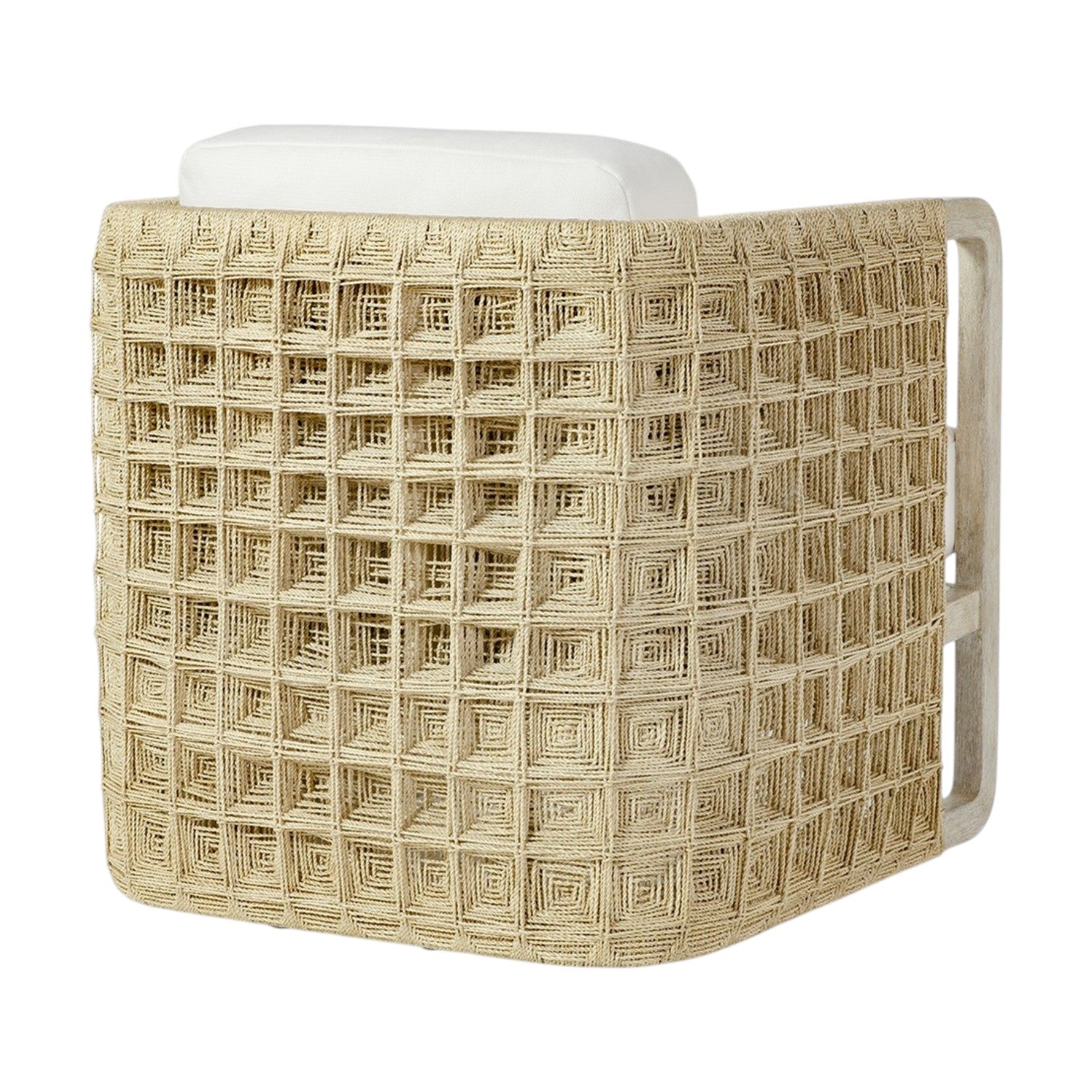 The Damien Lounge Chair by PALECEK features a grid-patterned rattan and abaca rope frame, white cushioned seat, and sturdy hardwood construction—shown here from an angled view.