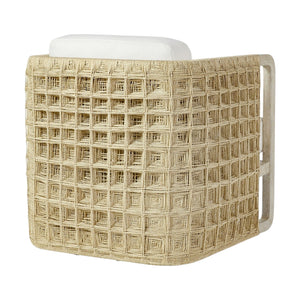 The Damien Lounge Chair by PALECEK features a grid-patterned rattan and abaca rope frame, white cushioned seat, and sturdy hardwood construction—shown here from an angled view.