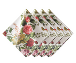 Five elegant napkins from the Juliska Field of Flowers White Napkin Set, featuring a vibrant floral and butterfly print, are arranged in an overlapping fan pattern against a white background.