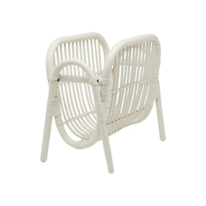 The Pigeon & Poodle Makassar Magazine Holder in white rattan features curved edges and four legs, making it a stylish organizer. Shown against a plain white background.
