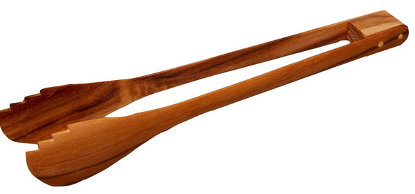 Handcrafted Be Home Teak Tongs, Large on a white background.