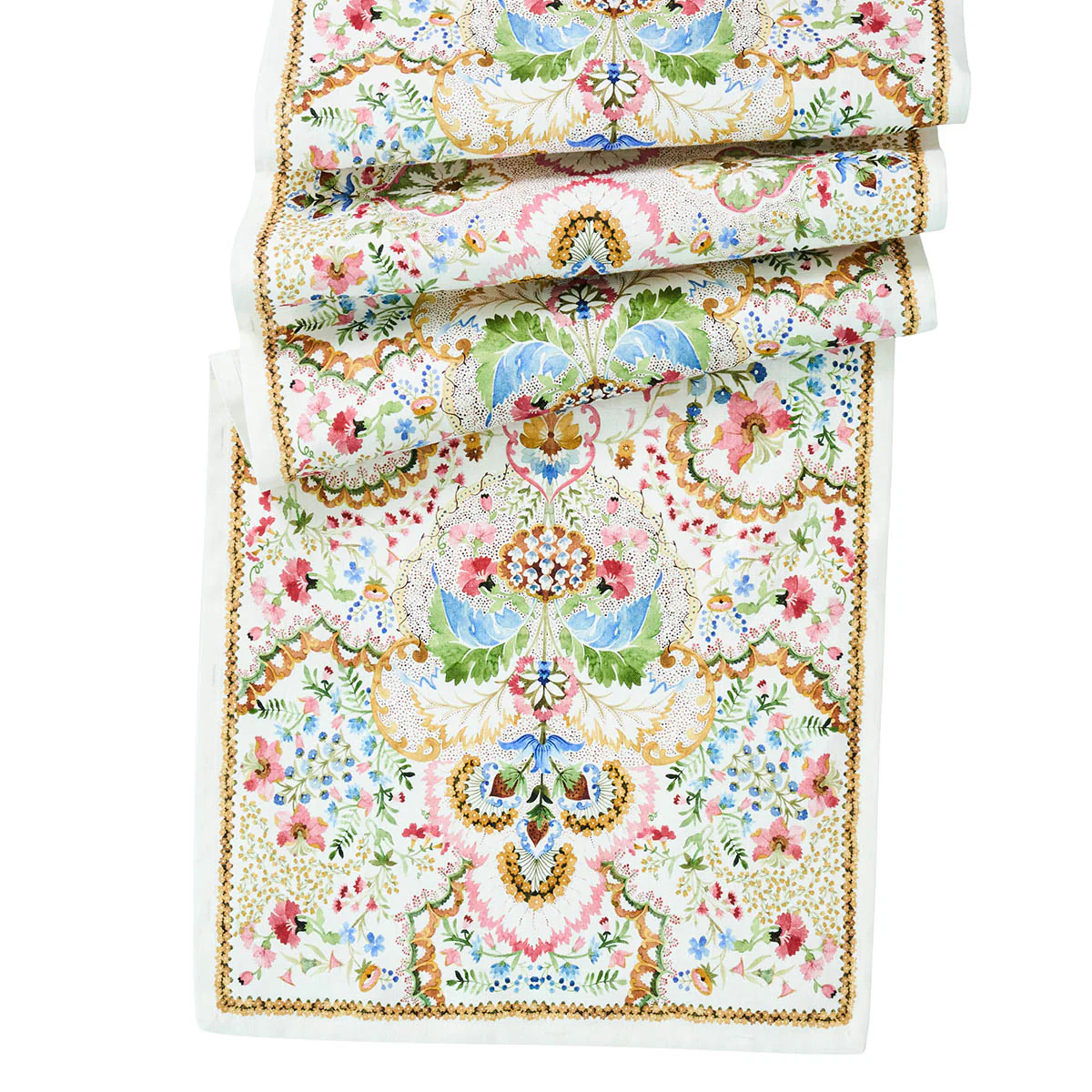 The Sofia Table Runner by Juliska is a folded, rectangular linen runner featuring intricate floral and geometric patterns in pastel pink, blue, green, and gold on white—ideal for spring table decor.