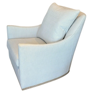 The Jules Configurable Swivel Chair by Hickory Chair features light gray upholstery, a curved back, angled arms, and a matching seat cushion for cozy seating, shown against a white background.