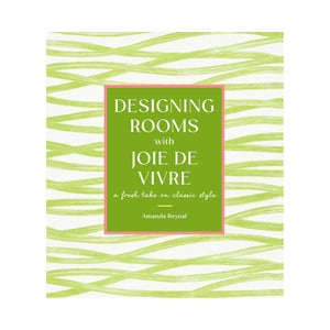 Book cover for "Designing Rooms With Joie de Vivre" by Abrams, featuring green and white wavy lines with bold white text—a modern, joyful twist on classic interiors.