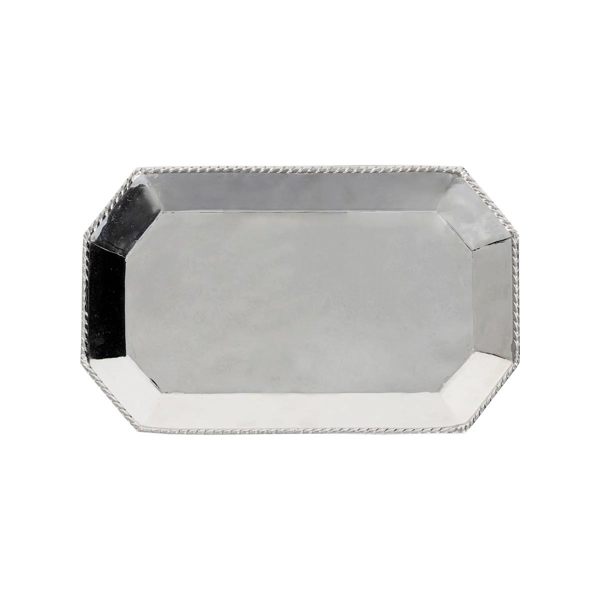 The Juliska Graham Small Octagonal Tray features a hammered stainless steel finish, angled corners, and a rope-patterned edge—making it a refined addition to any barware collection. Photographed against a white background.
