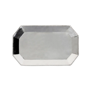 The Juliska Graham Small Octagonal Tray features a hammered stainless steel finish, angled corners, and a rope-patterned edge—making it a refined addition to any barware collection. Photographed against a white background.