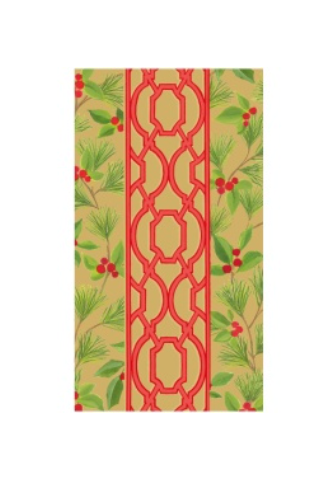 Caspari Knots and Greenery biodegradable triple-ply paper napkin featuring a central red geometric knot pattern flanked by pine needles and red berries on a gold background.
