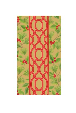 Caspari Knots and Greenery biodegradable triple-ply paper napkin featuring a central red geometric knot pattern flanked by pine needles and red berries on a gold background.