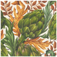 The Autumnal Artichoke Collection by Hester & Cook features green artichokes, brown leaves, and a beige background with detailed, overlapping botanical elements in fall hues.