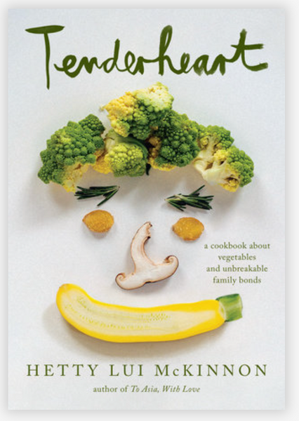 Cover of "Tenderheart" by Penguin Random House, designed with a creative face-like arrangement of fruits and vegetables, featuring a banana as the smile. Subtext: "A cookbook celebrating vegetarian recipes and everlasting family connections.