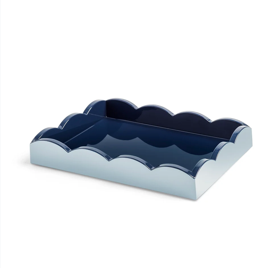 Addison Ross Scalloped Tray in Pale Denim & Navy: a rectangular lacquered tray with scalloped edges, featuring a high gloss navy blue interior and a pale denim blue exterior.