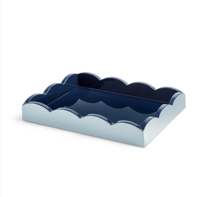 Addison Ross Scalloped Tray in Pale Denim & Navy: a rectangular lacquered tray with scalloped edges, featuring a high gloss navy blue interior and a pale denim blue exterior.