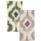 The Kim Seybert Watercolor Ikat Napkin Set includes two folded beige napkins, each featuring hand-painted ikat patterns—one in green and white, the other in beige and white—displayed side by side.