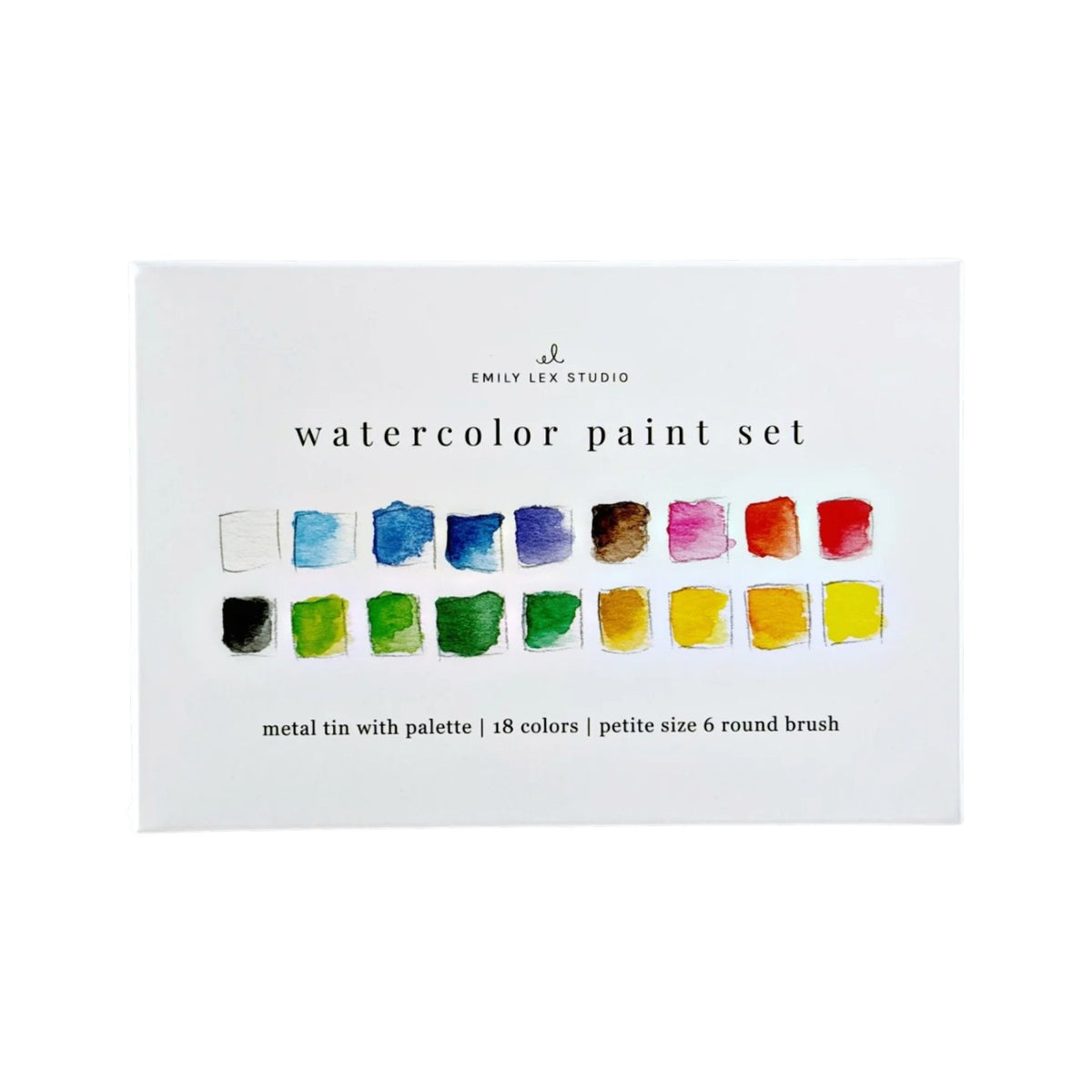The Emily Lex Studio Watercolor Paint Set is a white box labeled with its name, featuring 18 color swatches in two rows. The packaging also lists included items—a metal tin, palette, and round brush—making it an ideal travel watercolor kit for artists on the go.