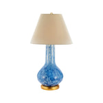 The Bunny Williams Waterfall Lamp features a blue ombré glazed ceramic base, gold-tone round bottom, and a beige conical shade.