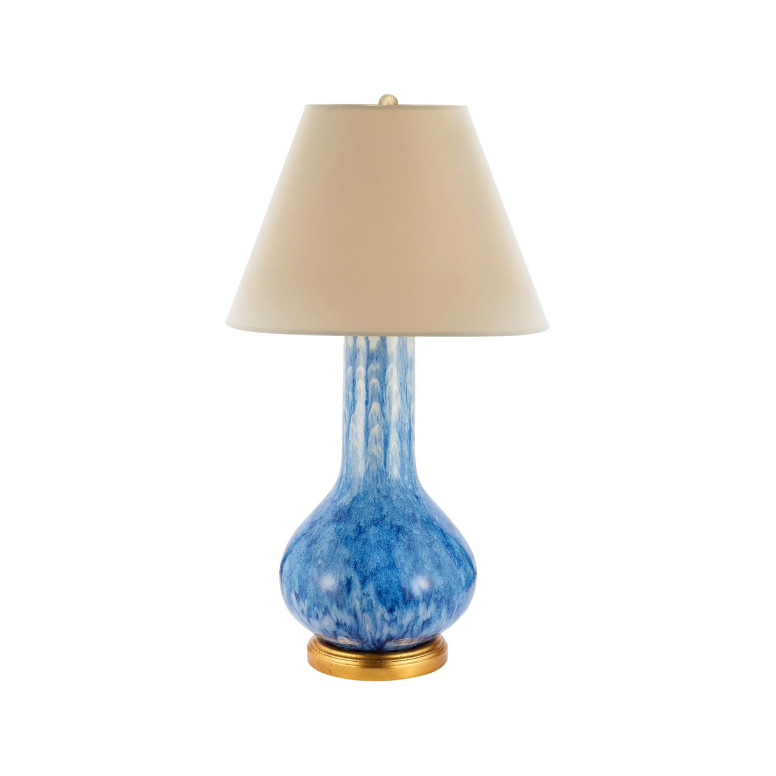 The Bunny Williams Waterfall Lamp features a blue ombré glazed ceramic base, gold-tone round bottom, and a beige conical shade.