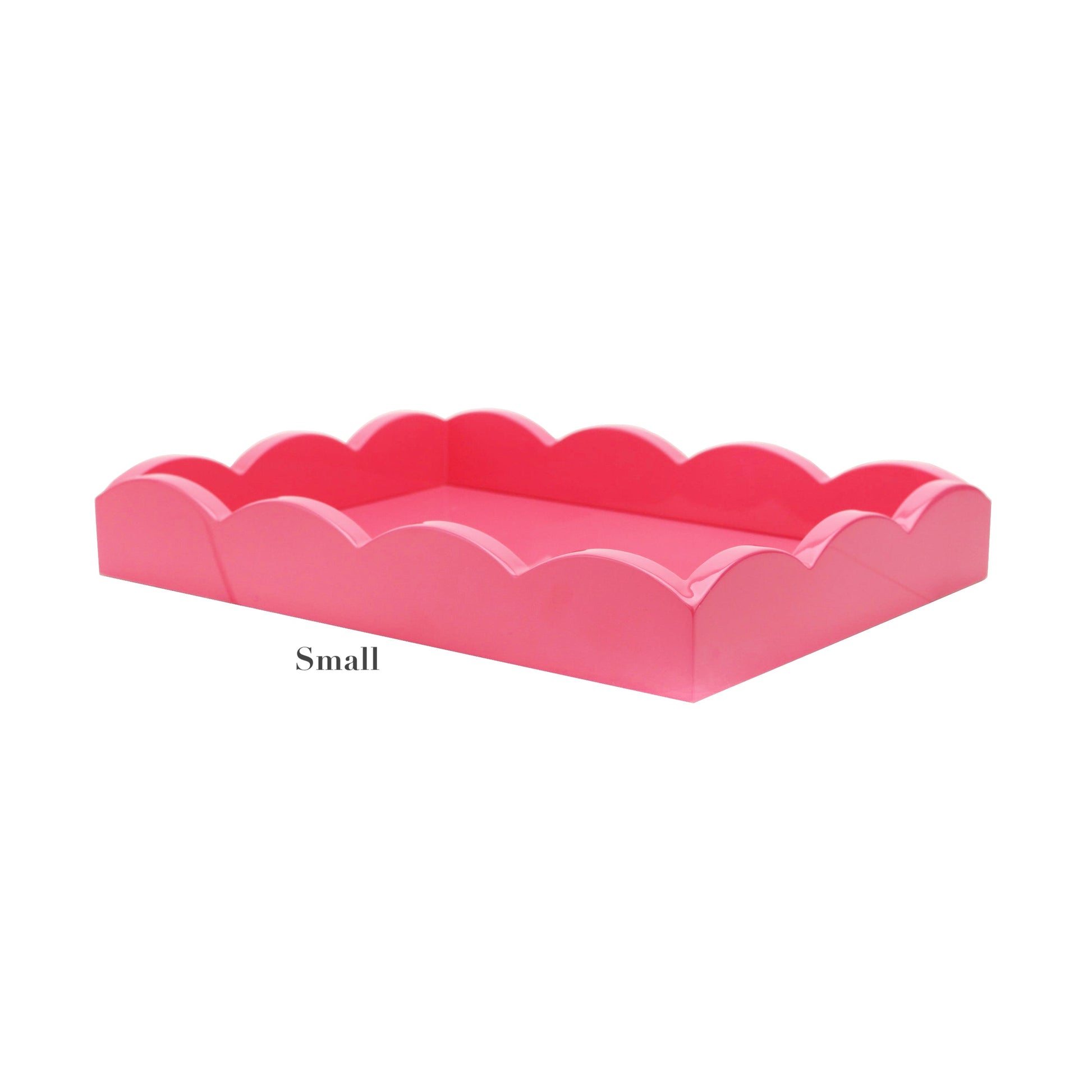The Scalloped Watermelon Pink Lacquer Tray from Addison Ross is a small, rectangular tray with scalloped edges, displayed against a white background.