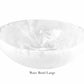 A large, round white bowl with a marbled pattern from the White Resin Serveware Collection by Nashi Home—an elegant piece for stylish home decor. Labeled "Wave Bowl Large" underneath.